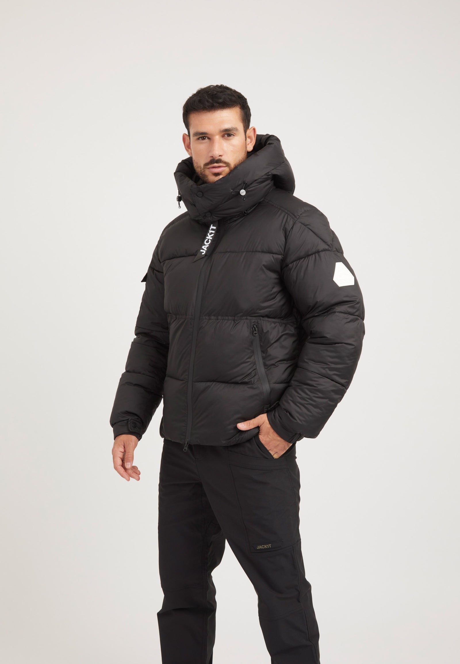 EZ Water ONELOFT Puffer Racer Jacket Matt Black on model front view by JACK1T