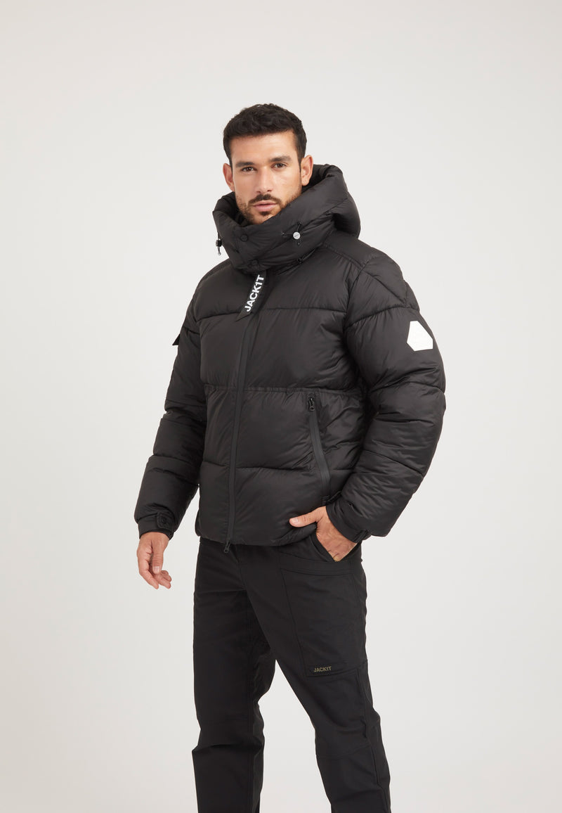 EZ Water ONELOFT Puffer Racer Jacket Matt Black on model front view by JACK1T