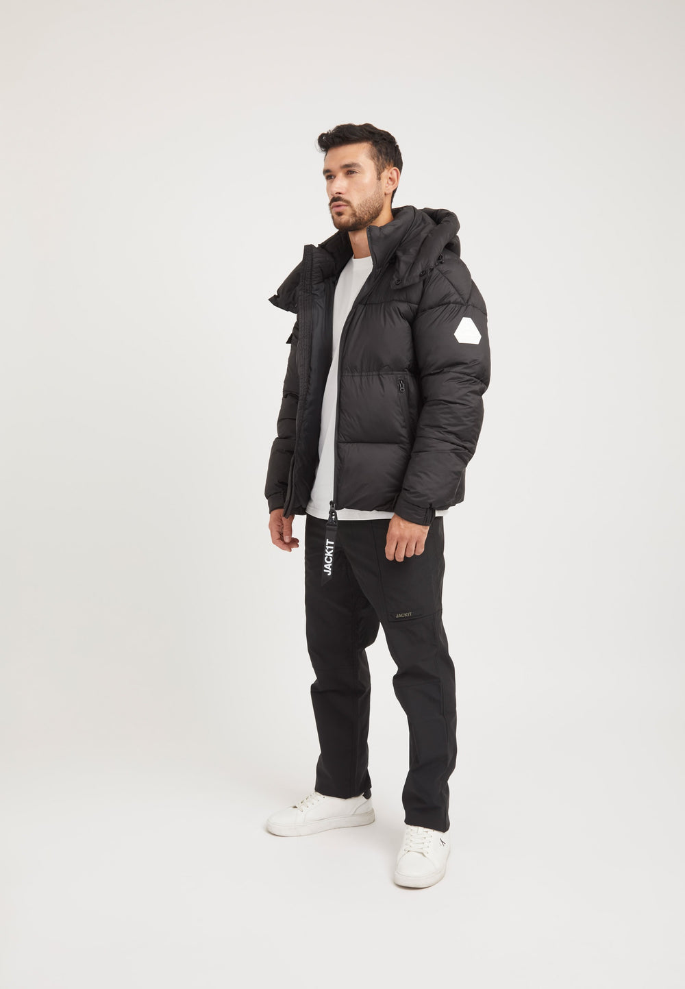 EZ Water ONELOFT Puffer Racer Jacket Matt Black on model detail by JACK1T