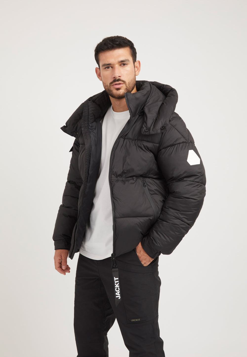 EZ Water ONELOFT Puffer Racer Jacket Matt Black styled shot by JACK1T