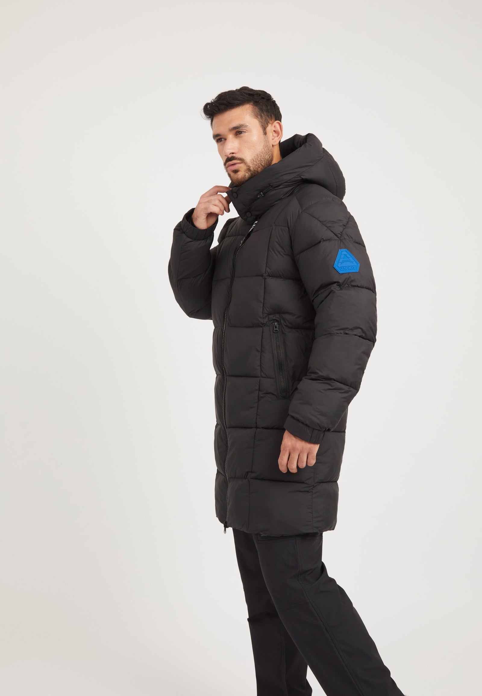 EZ Boxed Coat Matt Black on model back view by JACK1T