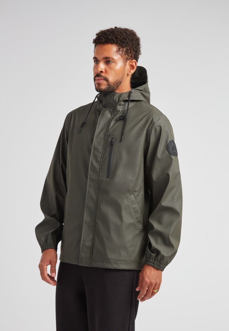 ELEMENTS Unisex Raincoat 2.0 Khaki worn by a model, showcasing lightweight weather protection and versatile design.