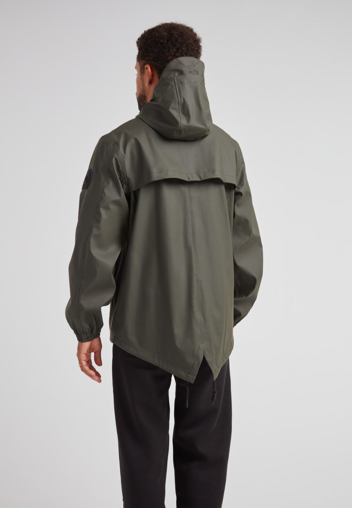 ELEMENTS Unisex Raincoat 2.0 Khaki showcased from the back, demonstrating its lightweight design and weather protection.