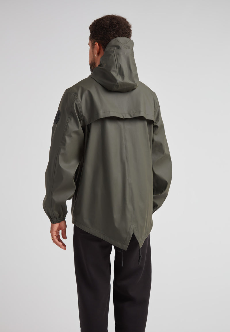 ELEMENTS Unisex Raincoat 2.0 Khaki showcased from the back, demonstrating its lightweight design and weather protection.
