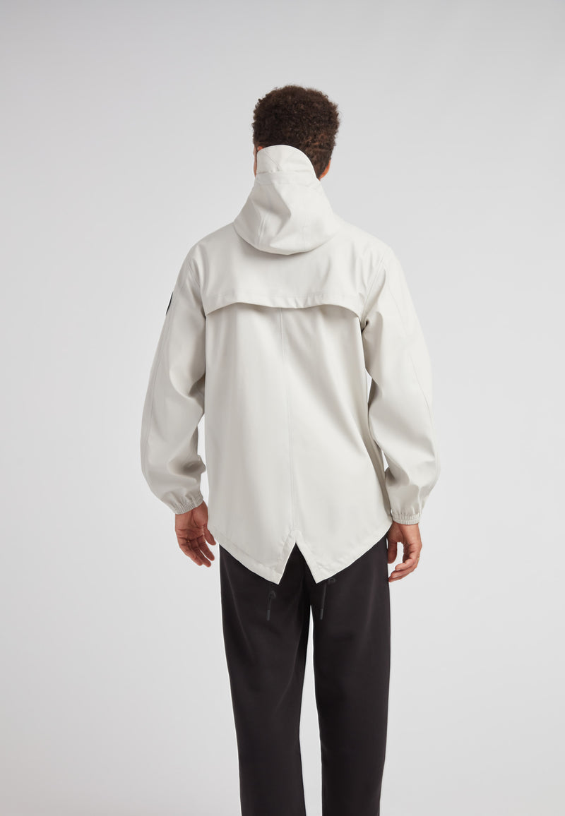 Back view of ELEMENTS Unisex Raincoat 2.0 Stone, showcasing its stylish design and practical features.