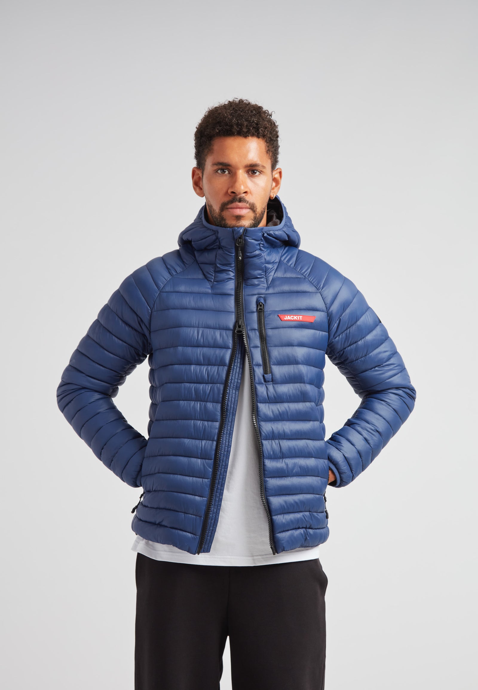 SATEL1TE hooded jacket 2.0 pacific blue displayed on a model showcasing its stylish, packed design.