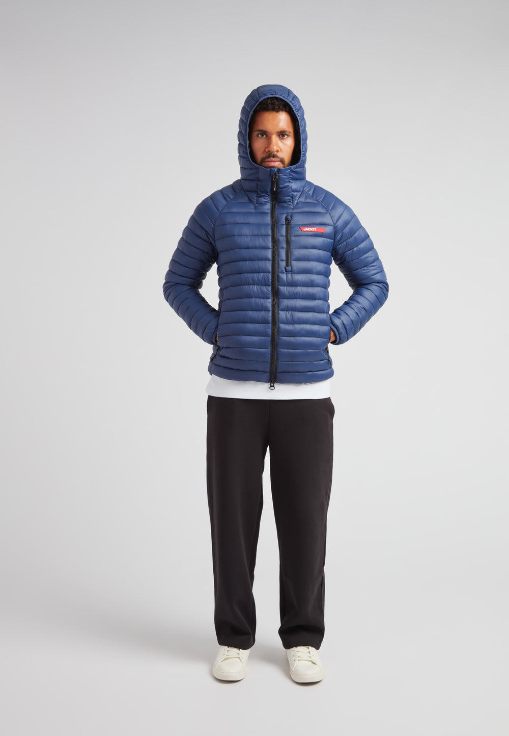SATEL1TE hooded jacket 2.0 pacific blue worn by a man, highlighting its stylish and functional design.