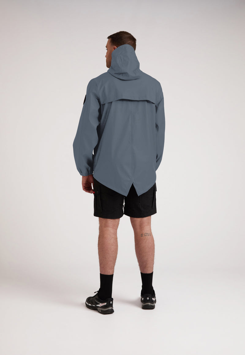 Back view of a model wearing the ELEMENTS Unisex Raincoat 2.0 Grey with hood and stylish design.
