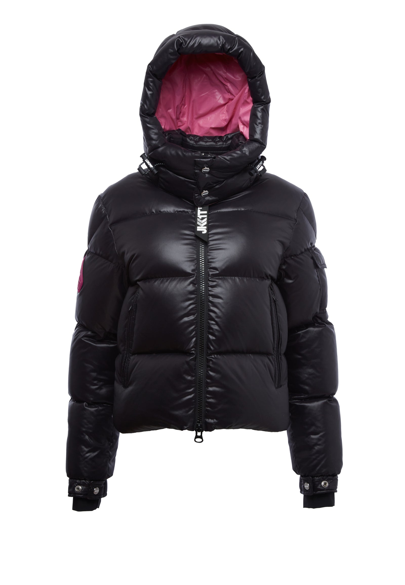 Black and pink puffer jacket on sale