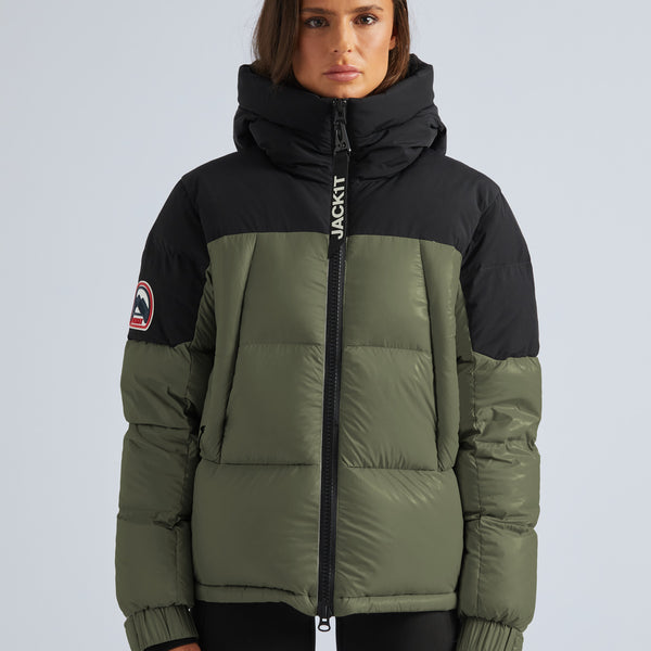 Shop Women's Luna Down Hooded Puffer Jacket in Black/Olive