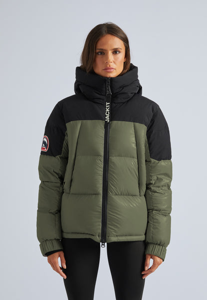 Shop Women's Luna Down Hooded Puffer Jacket in Black/Olive Shop Women's Luna Down Hooded Puffer Jacket in Black/Olive