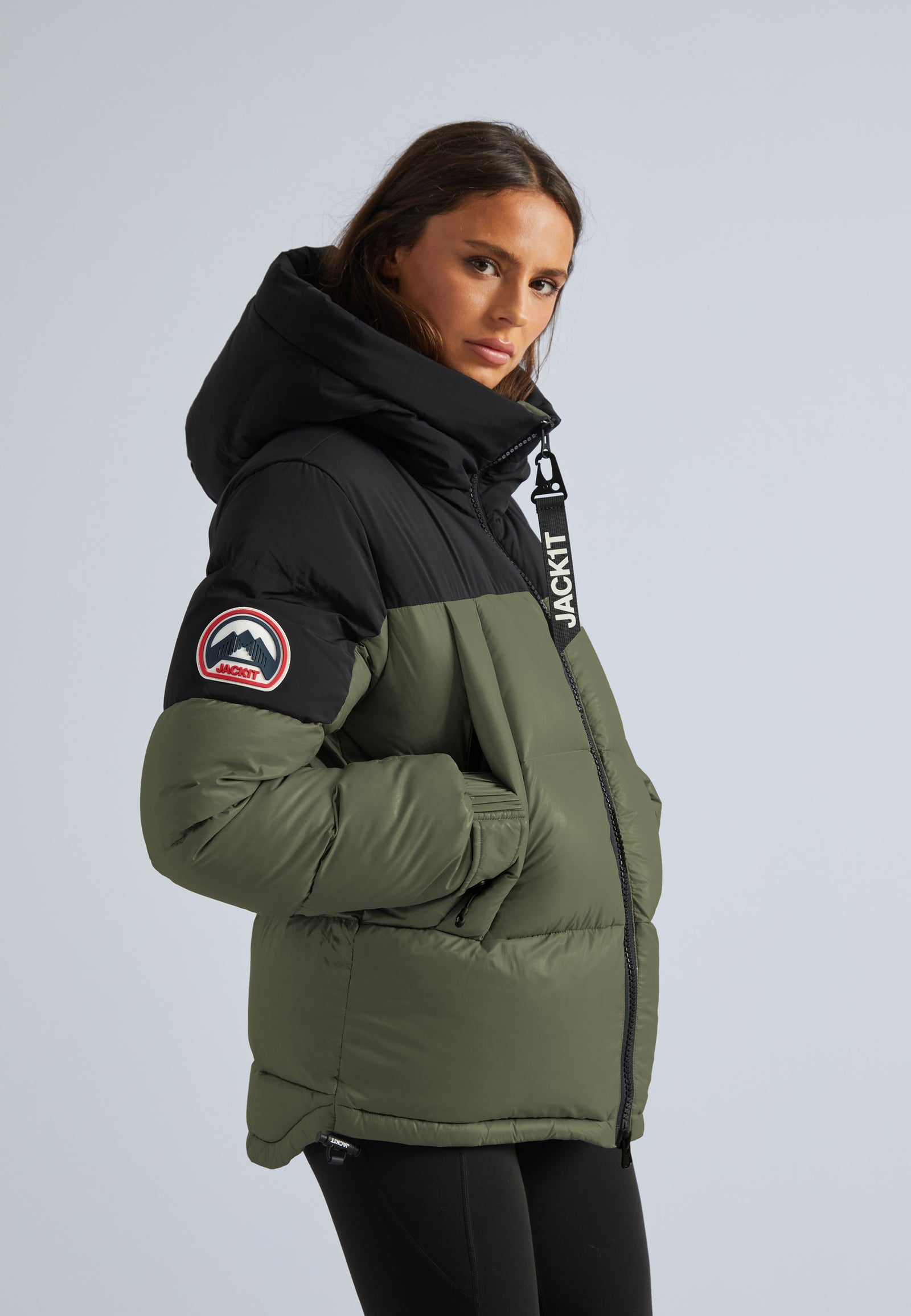Shop Women's Luna Down Hooded Puffer Jacket in Black/Olive