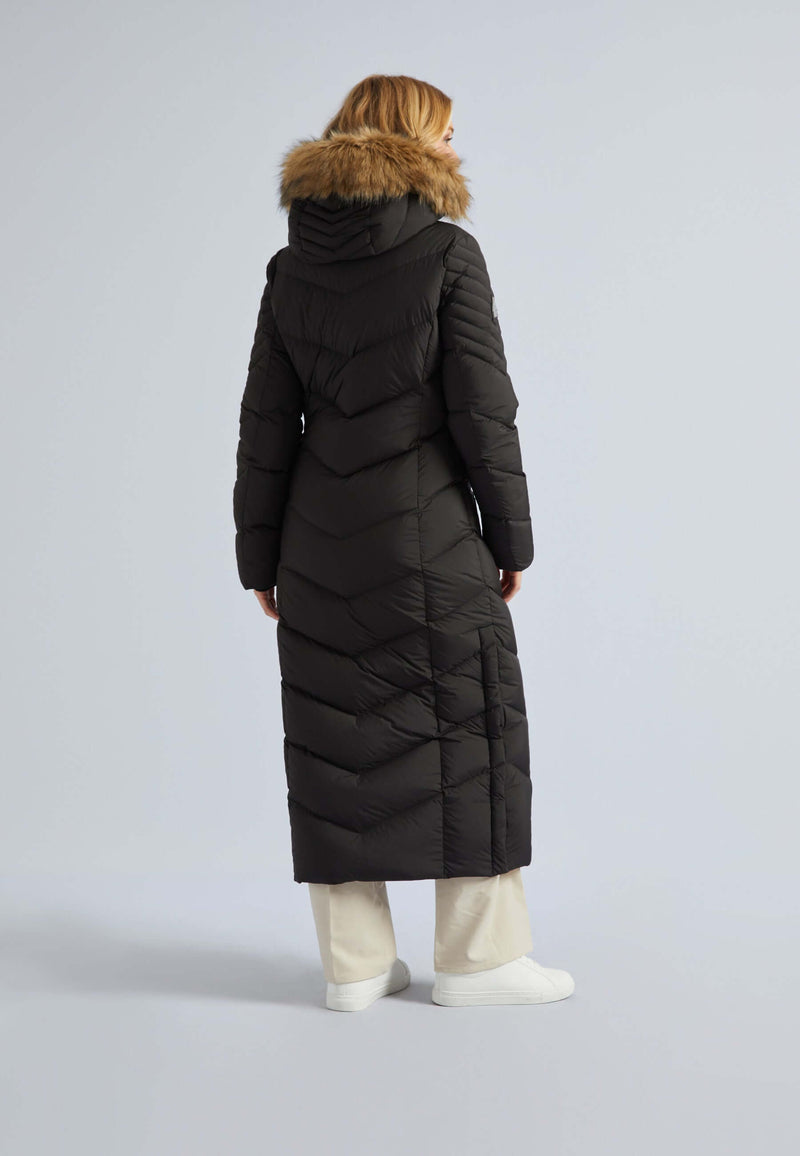 Long puffer coat womens in black with fur hood, showcasing a stylish back view and modern design.
