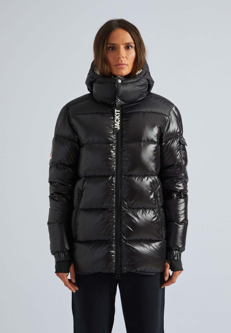 women's black puffer with removable hood featuring a funnel neck and stylish design.