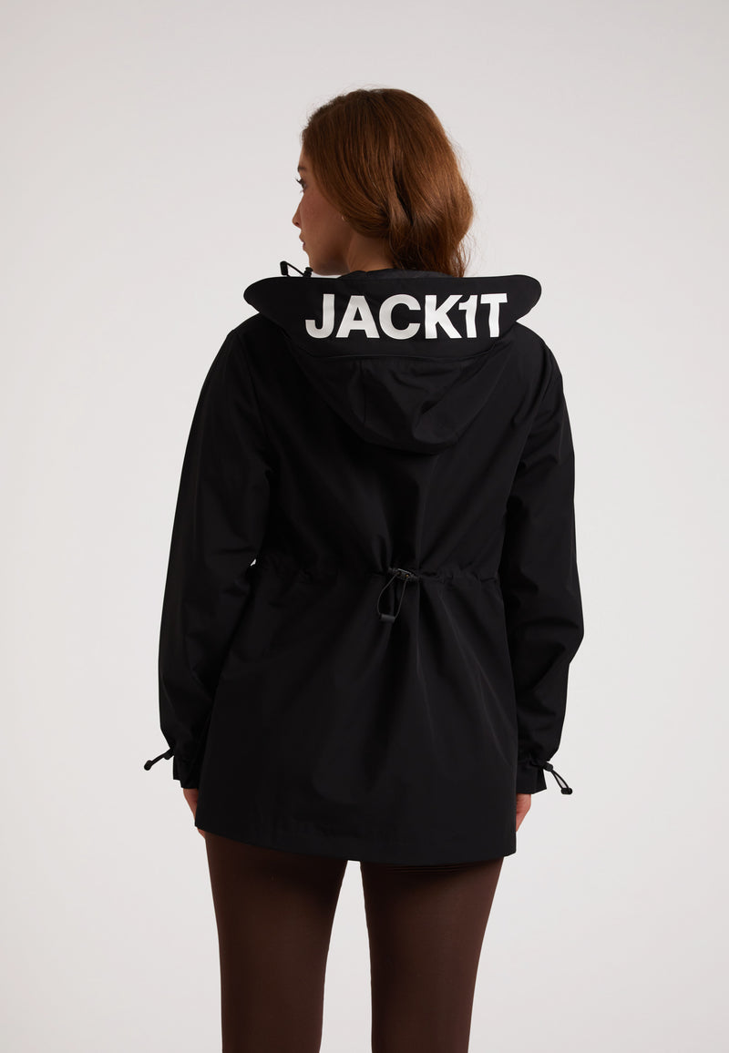 A model wearing the HELIO Mid Windbreaker Black, showcasing the stylish back with 'JACK1T' branding for a trendy look.