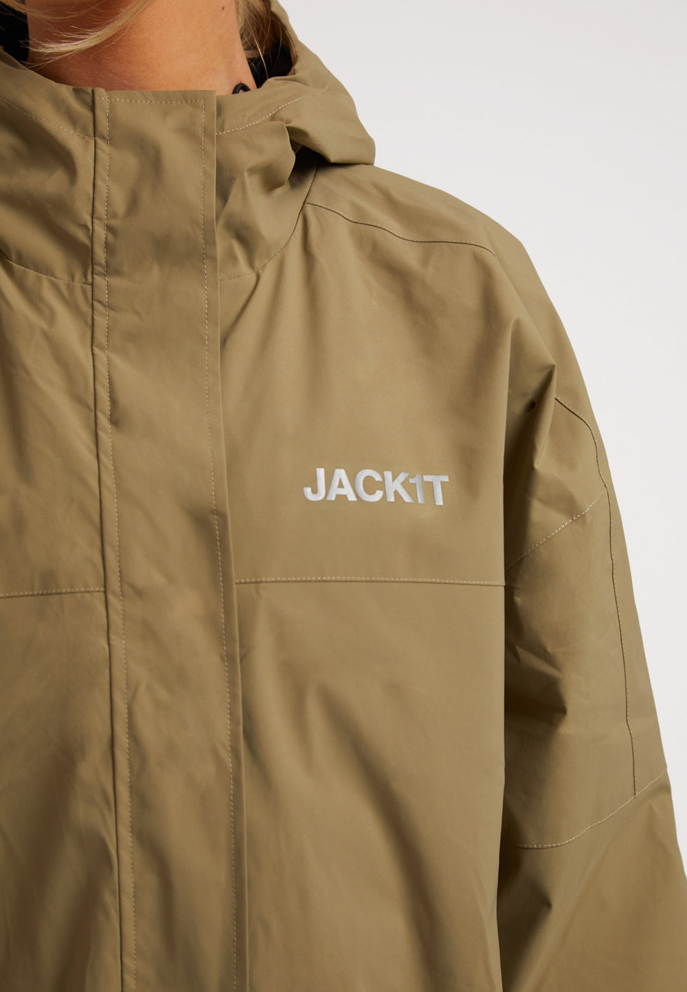 Close-up of a model wearing the ISOTOPE lightweight windbreaker in olive green with JACK1T logo.