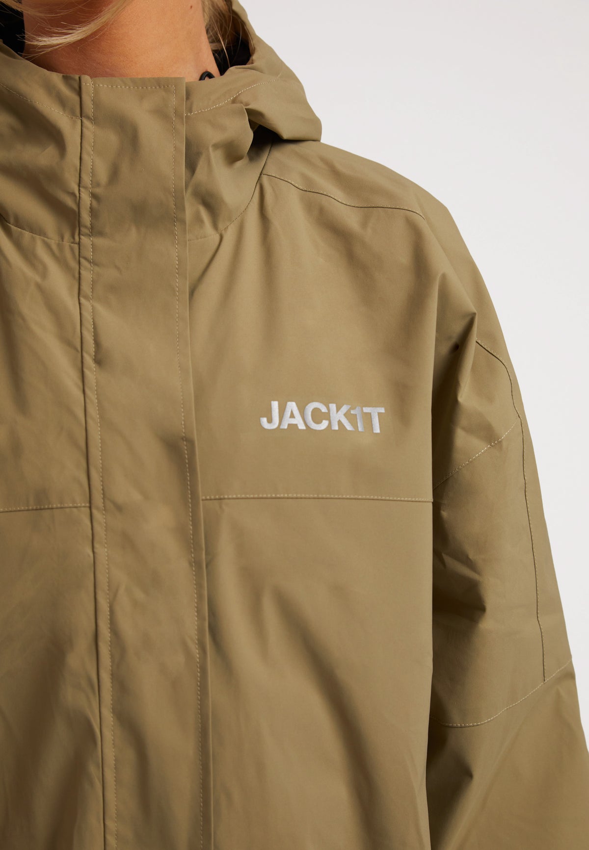 Close-up of a model wearing the ISOTOPE lightweight windbreaker in olive green with JACK1T logo.