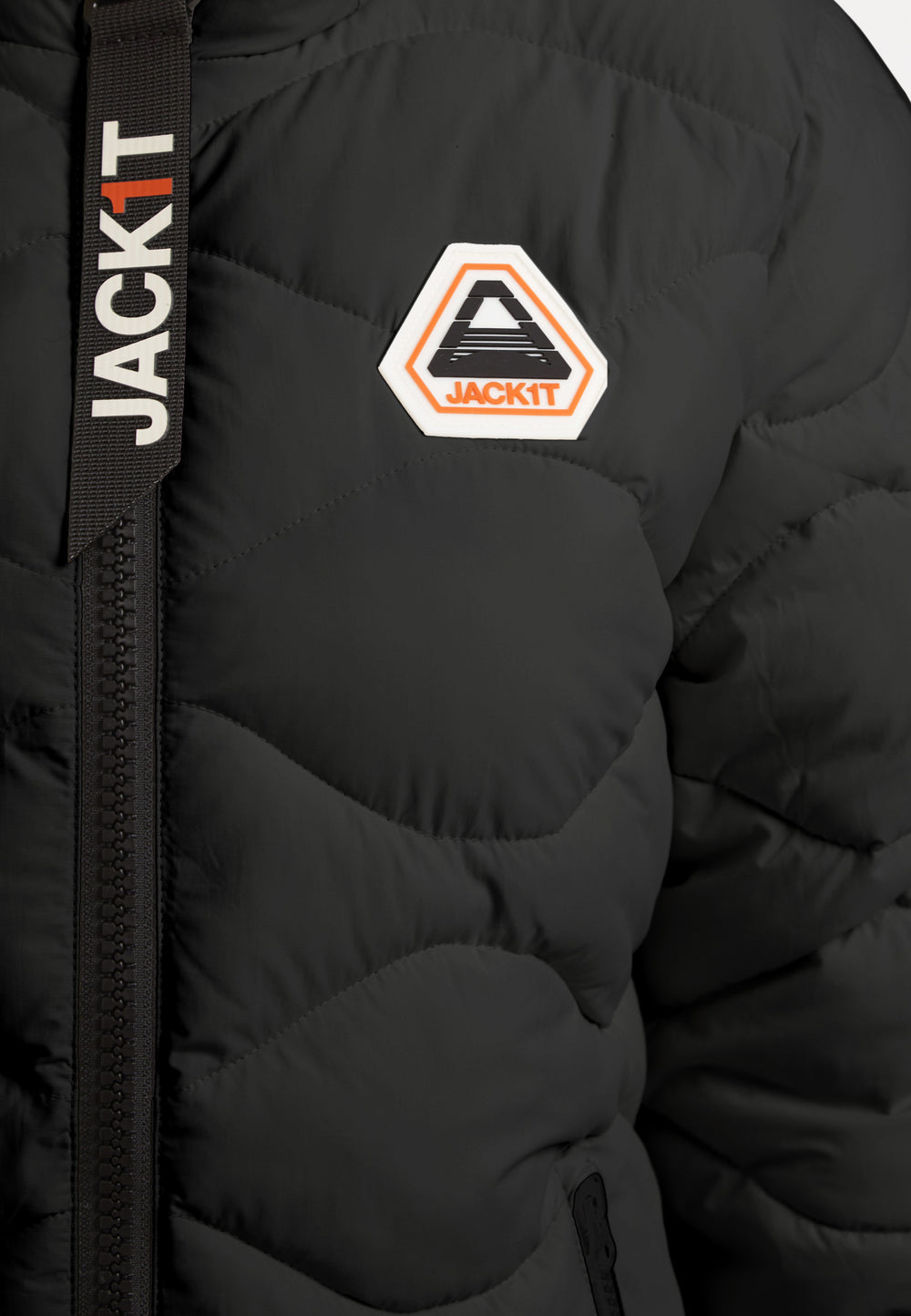 Close-up of ORB1T Quilted Puffer Jacket showing logo and soft touch fabric detail.