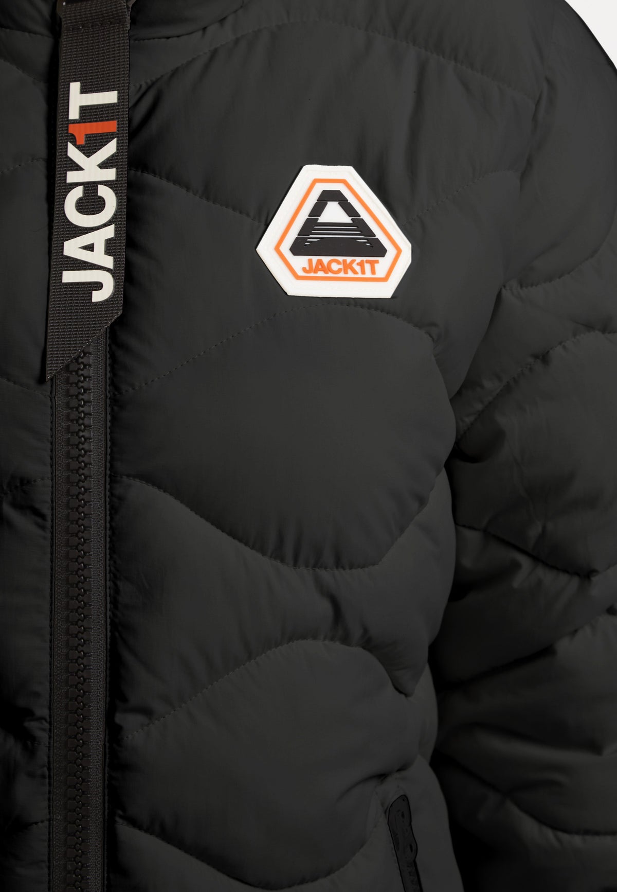 Close-up of ORB1T Quilted Puffer Jacket showing logo and soft touch fabric detail.