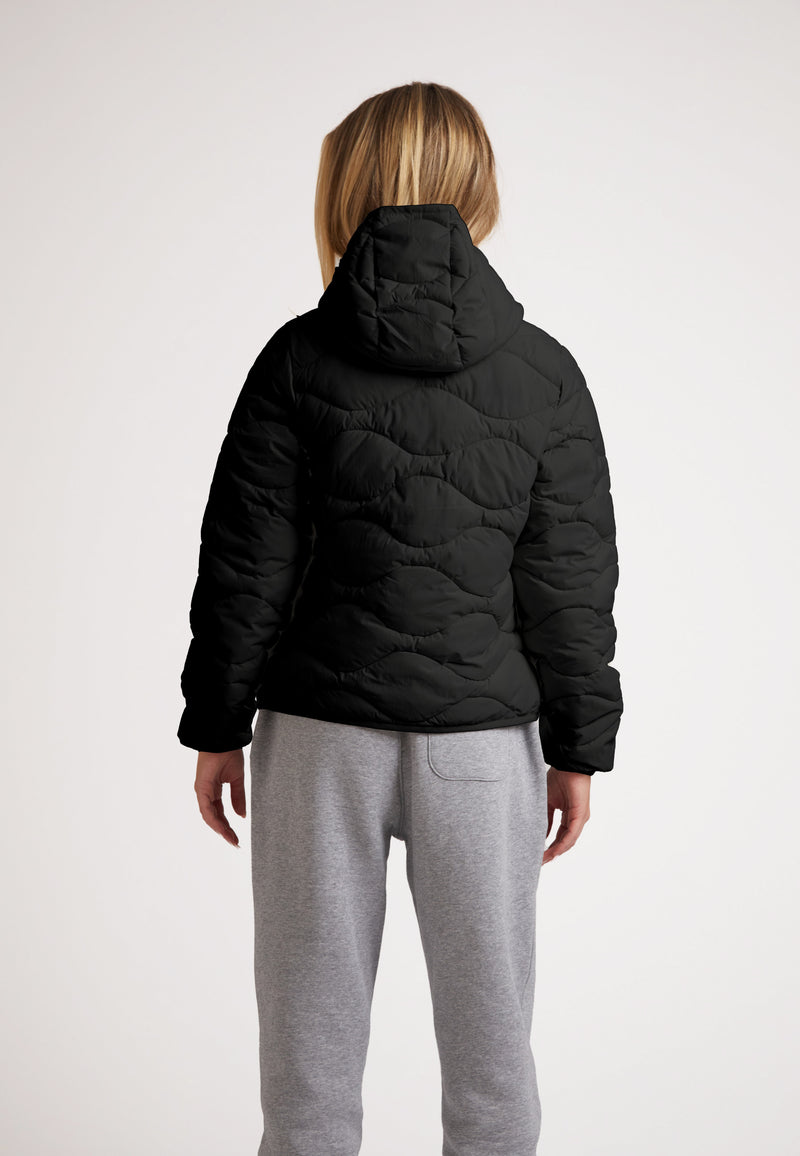 Model wearing ORB1T Quilted Puffer Jacket, viewed from the back, showcasing black color and hood.