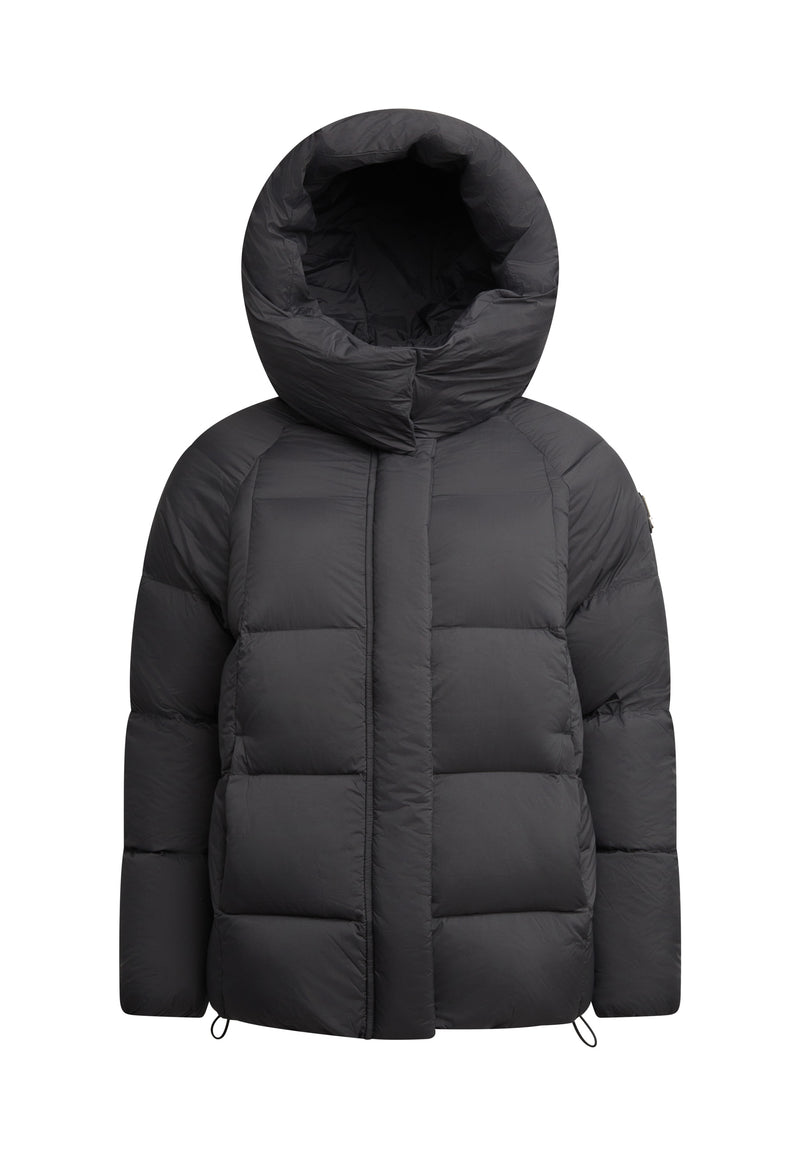 Cloud Prime Longline Down Puffer Jacket in black, featuring a spacious hood and puffy insulation for warmth.