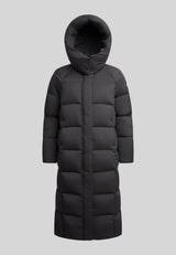 Black Star Extra Long Down Coat Matt Black, a streamlined and warm full-length coat with adjustable hood.