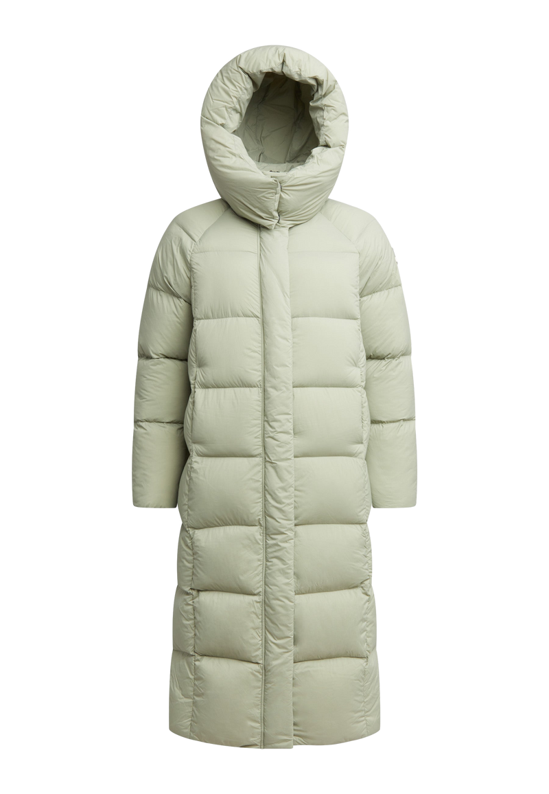 Cloud Ultra Long Down Puffer Coat Sage flat lay swatch