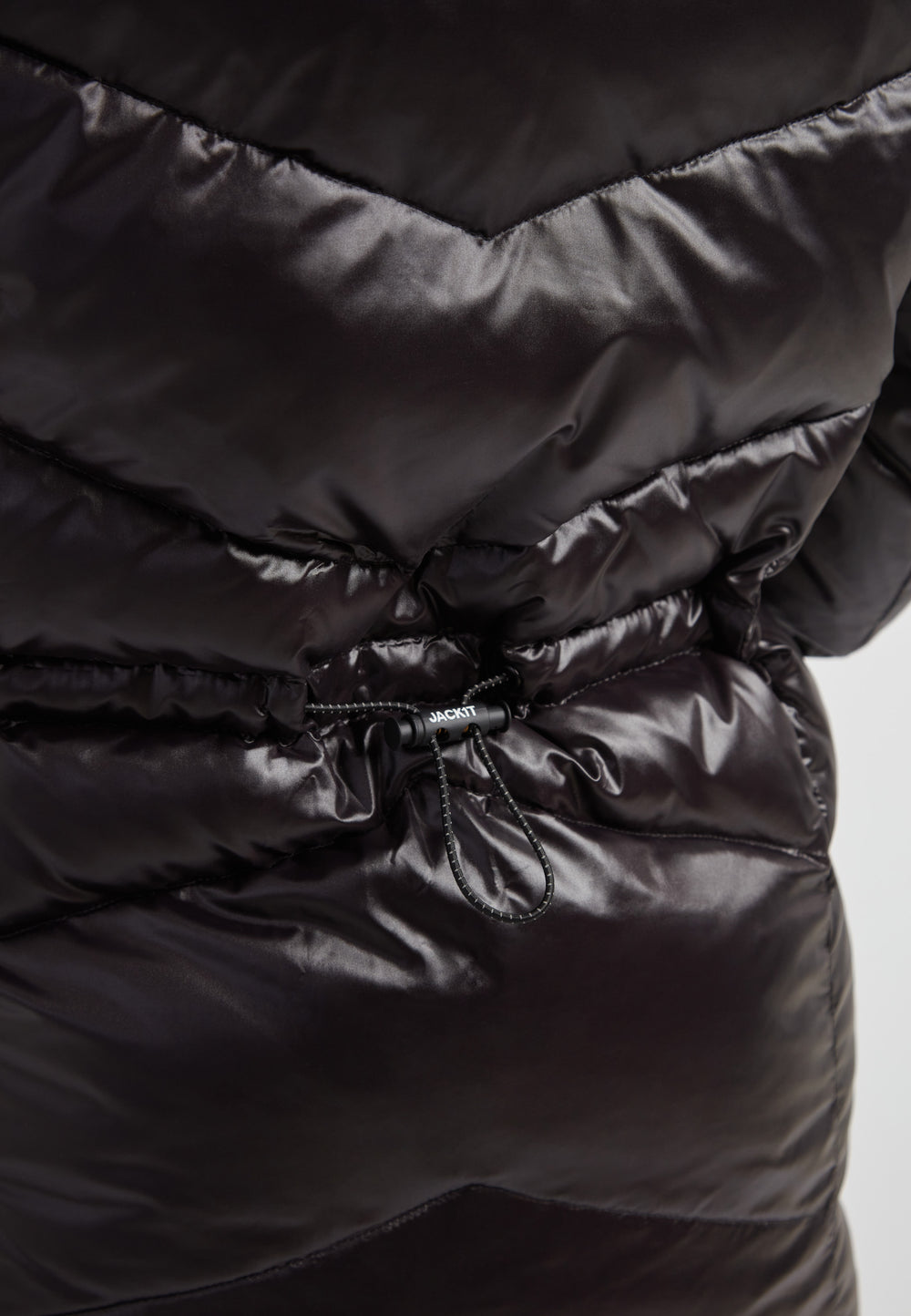 black thigh-length womens slick coat featuring adjustable toggles for a custom fit and sleek water repellent design.