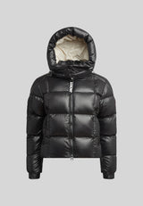 EZ Boxed Crop Down Puffer Jacket Lux Black in sleek black with a hood, showcasing a modern crop design and high-performance insulation.