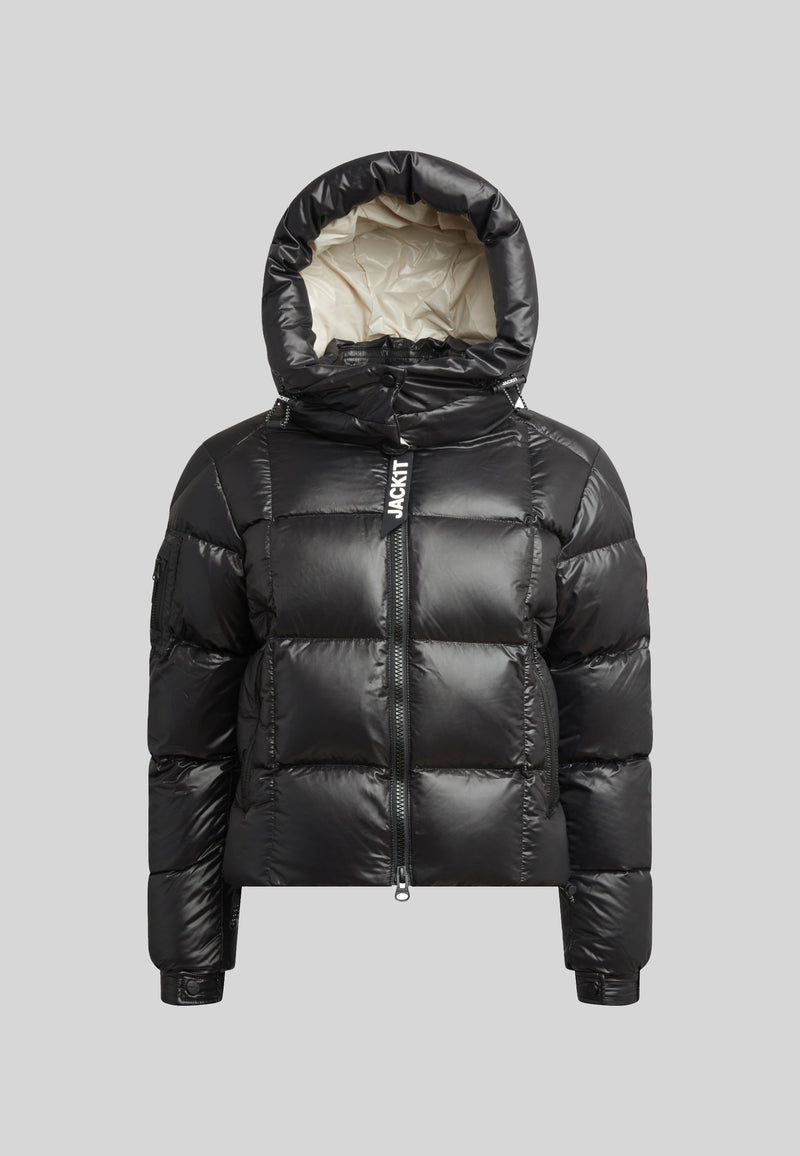 EZ Boxed Crop Down Puffer Jacket Lux Black in sleek black with a hood, showcasing a modern crop design and high-performance insulation.