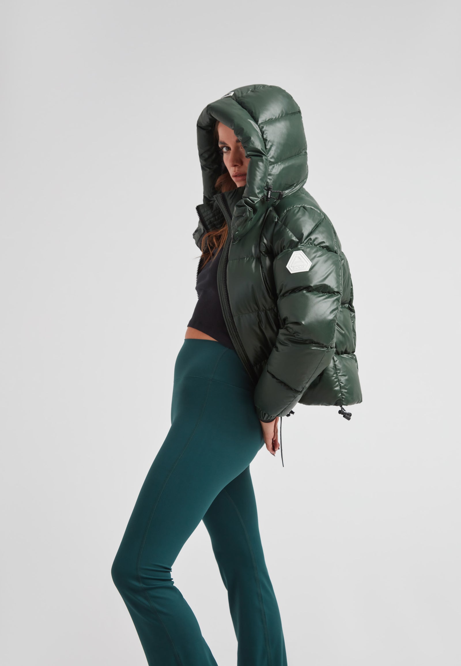 EZ Boxed Crop Down Puffer Jacket Lux Emerald on model, showcasing stylish design and cozy warmth for winter.