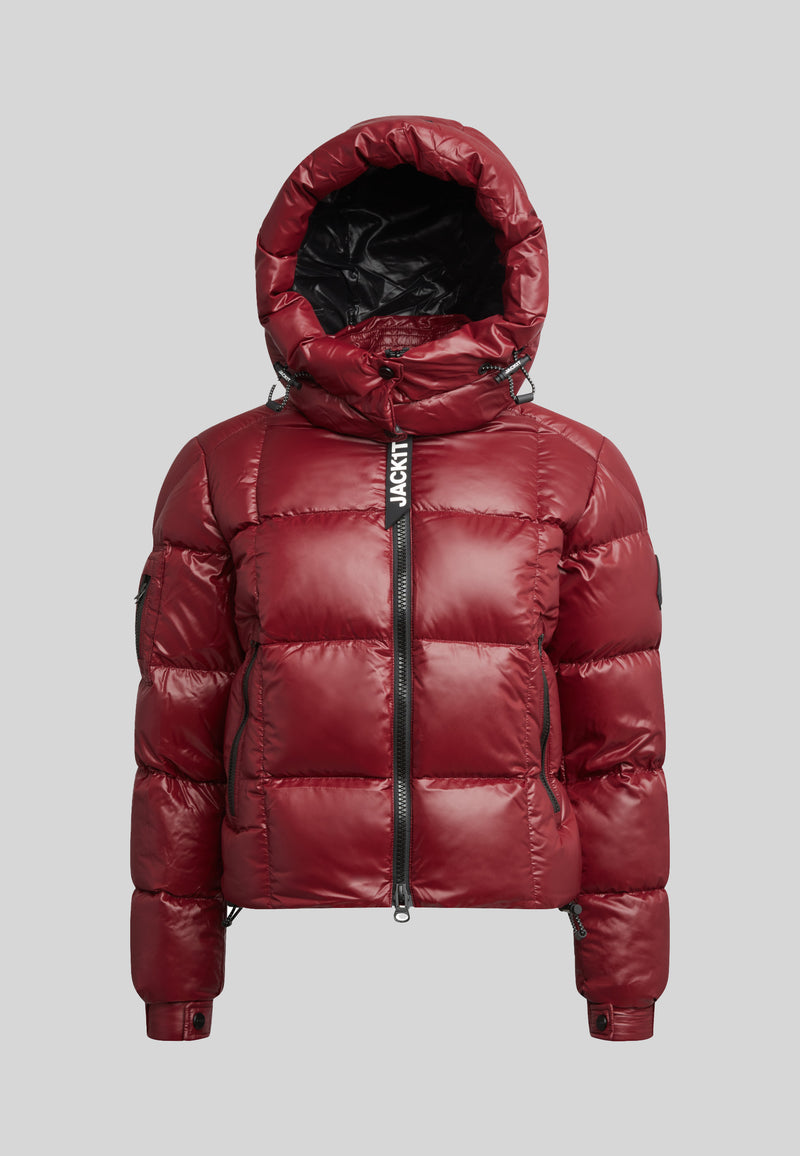EZ Boxed Crop Down Puffer Jacket Lux Cranberry front view with hood, sleek design in vibrant cranberry color.