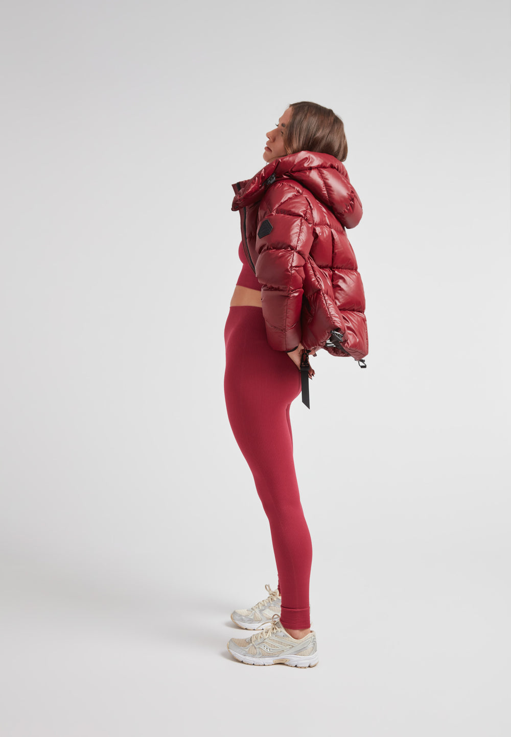 EZ Boxed Crop Down Puffer Jacket Lux Cranberry showcased on model, featuring bold design and stylish winter warmth.