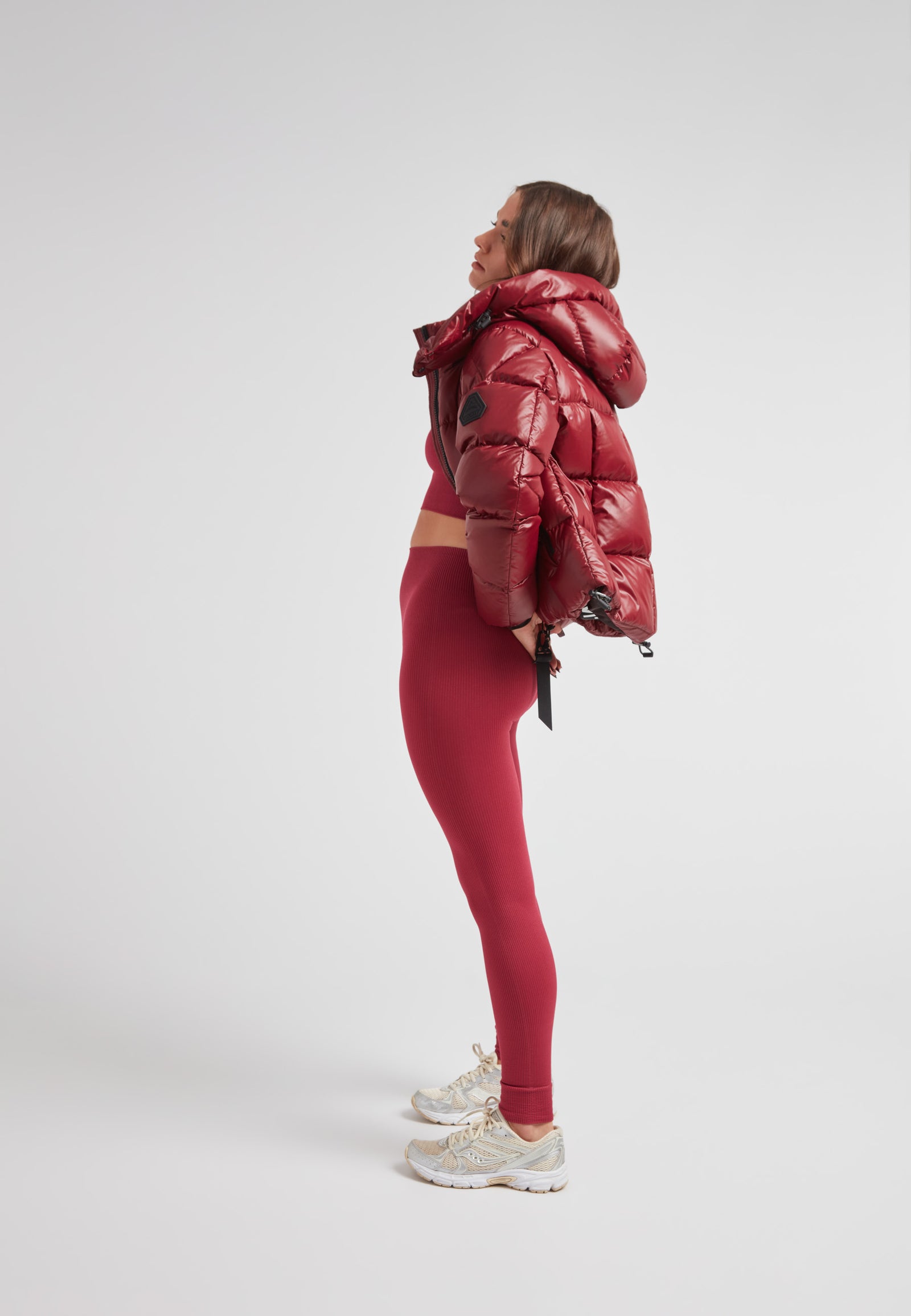 EZ Boxed Crop Down Puffer Jacket Lux Cranberry showcased on model, featuring bold design and stylish winter warmth.