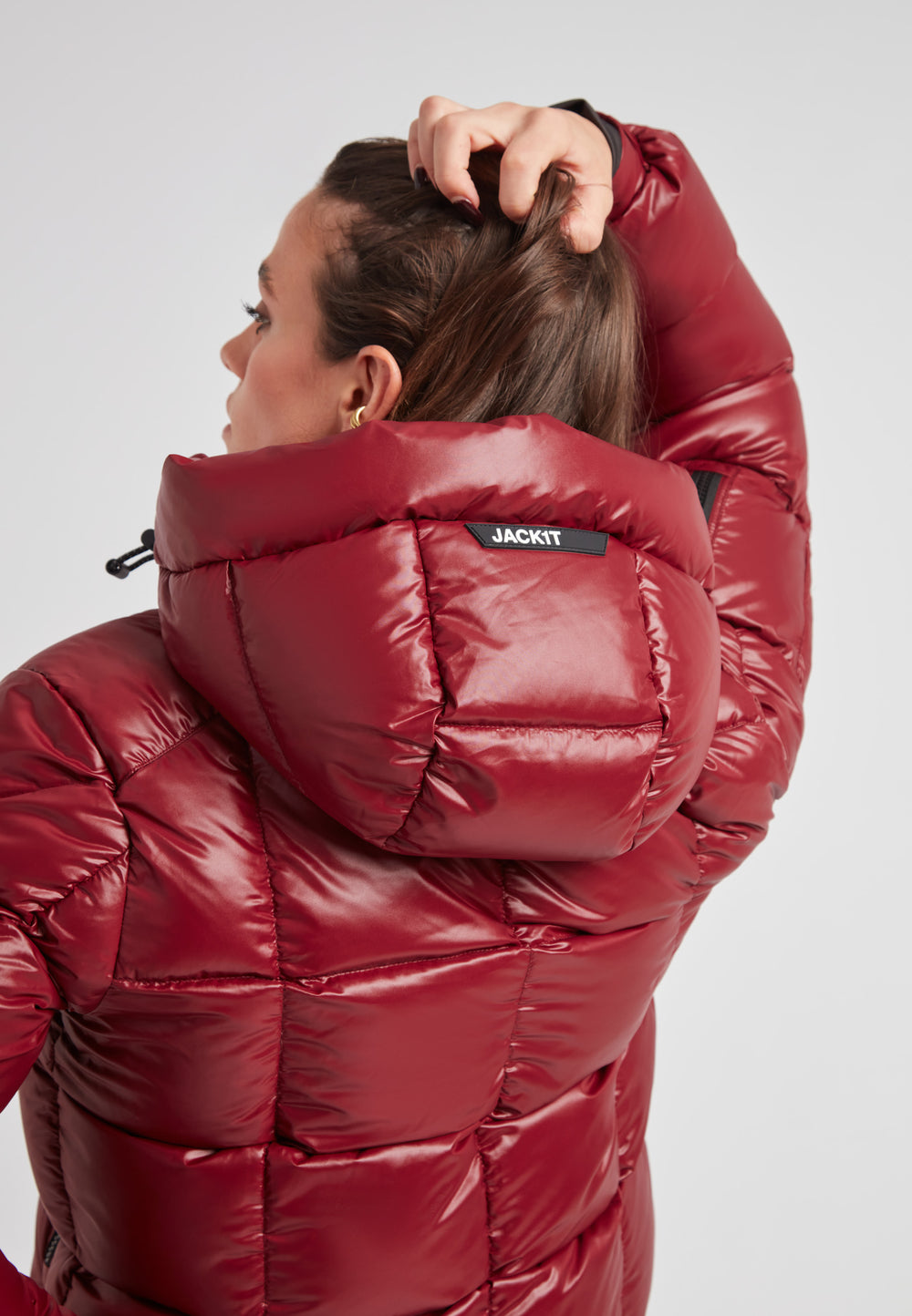 EZ Boxed Crop Down Puffer Jacket Lux Cranberry showcasing its stylish design from the back with a focus on warmth and comfort.