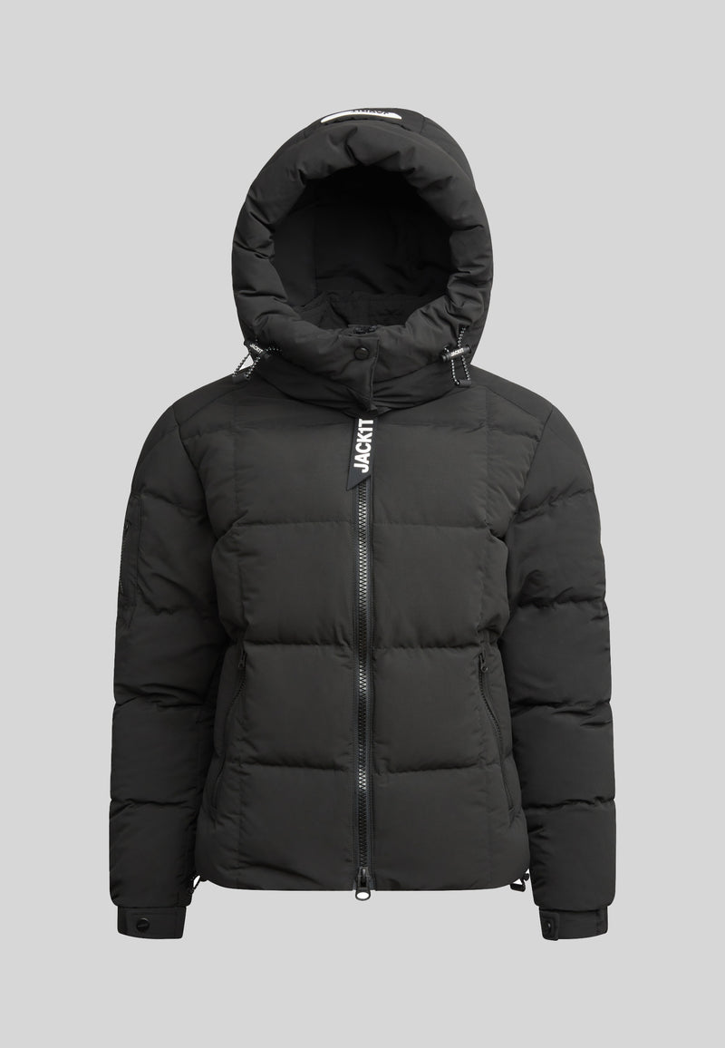 EZ Boxed Racer Down Puffer Jacket Matt Black front view with adjustable hood and sleek design.