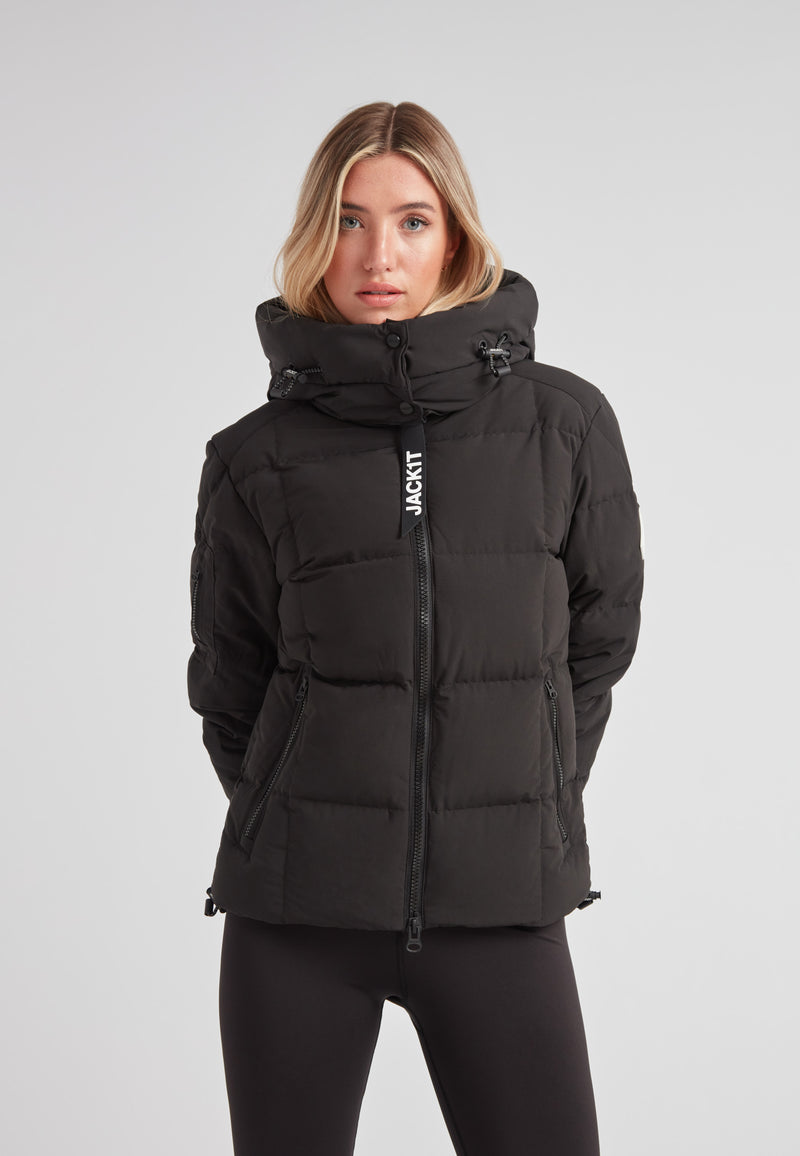 EZ Boxed Racer Down Puffer Jacket Matt Black displayed on model, showcasing sleek design and adjustable hood.