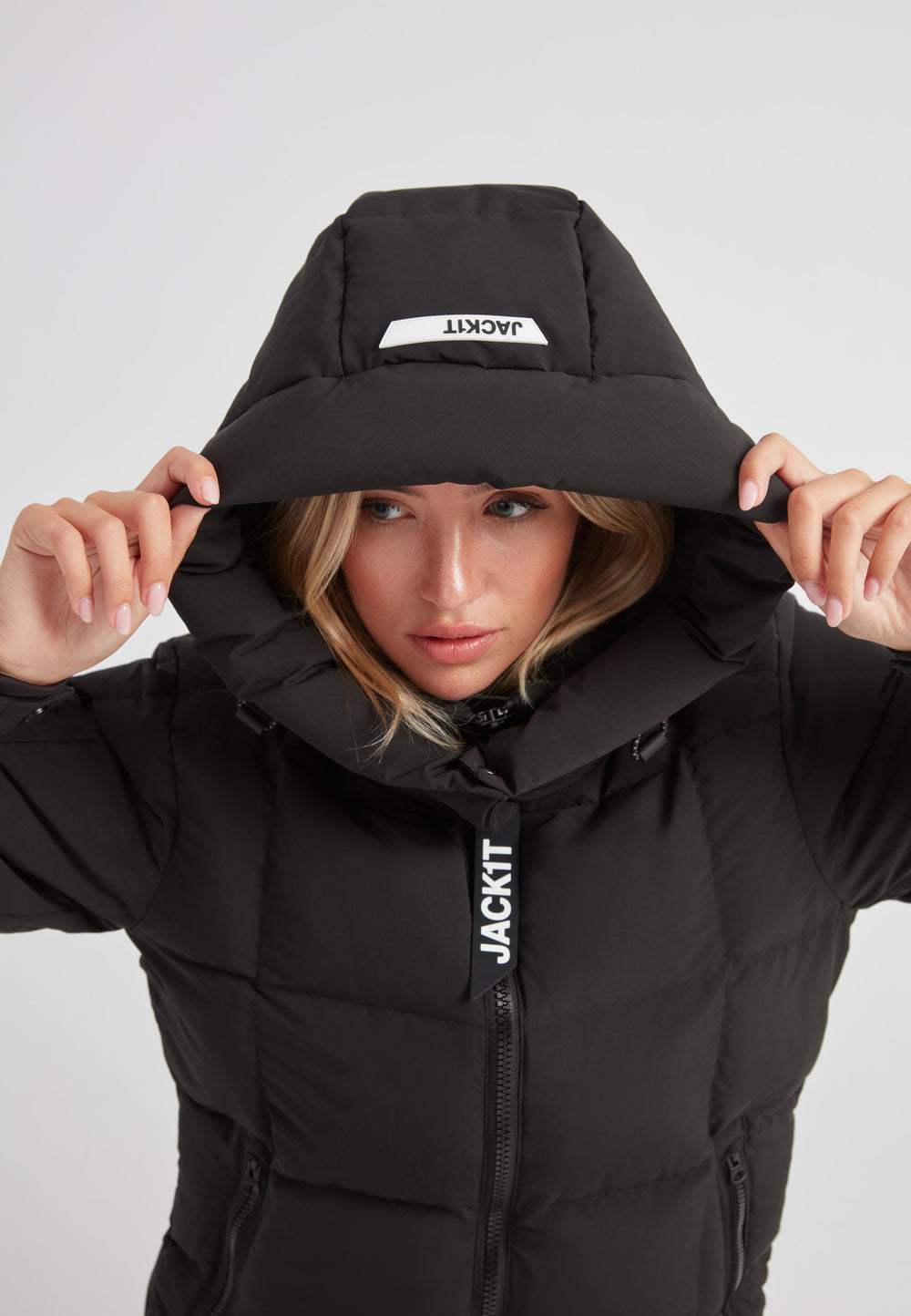 EZ Boxed Racer Down Puffer Jacket Matt Black with adjustable hood and puffer design.