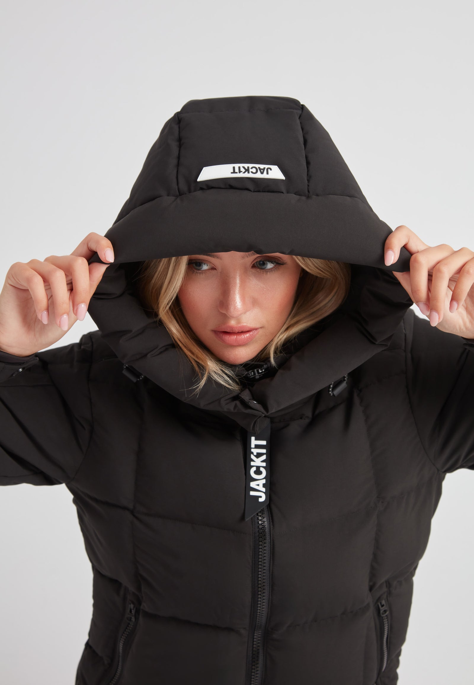 EZ Boxed Racer Down Puffer Jacket Matt Black with adjustable hood and puffer design.