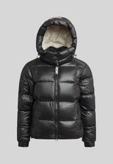 EZ Boxed Racer Down Puffer Jacket Lux Black front view with hood, featuring precision quilting and a sleek modern design.