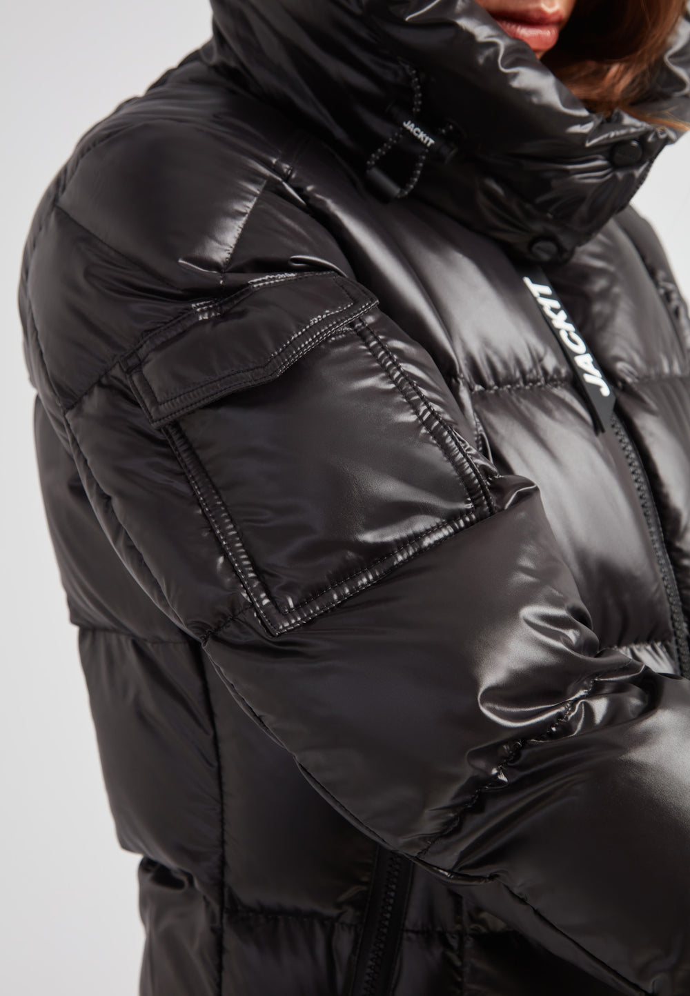 EZ Boxed Ultra Long Down Puffer Coat Lux Black close-up showcasing sleek design and details for winter wear.