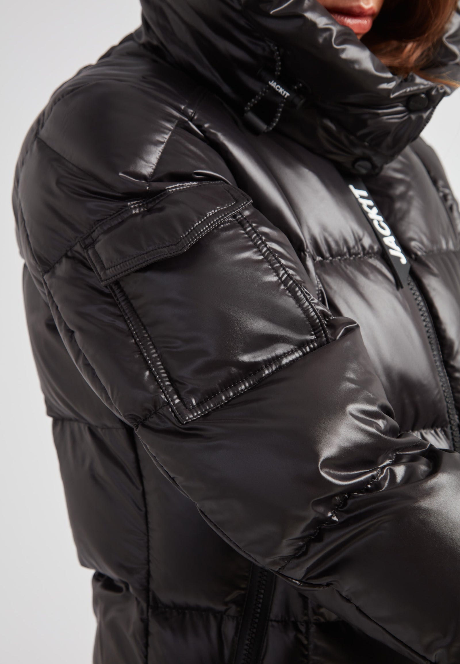 EZ Boxed Ultra Long Down Puffer Coat Lux Black close-up showcasing sleek design and details for winter wear.