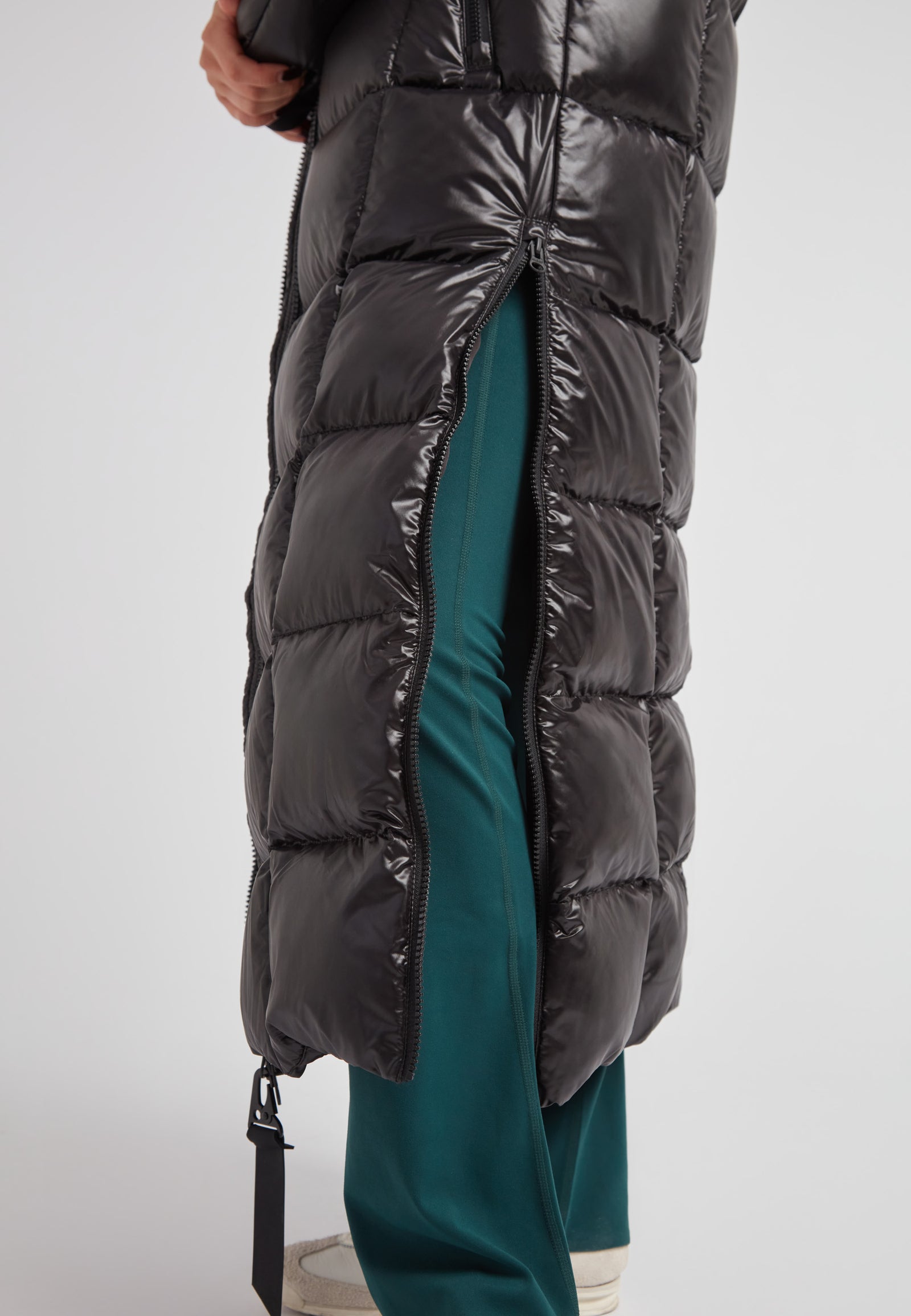 EZ Boxed Ultra Long Down Puffer Coat Lux Black side view showcasing its sleek design and bold length.