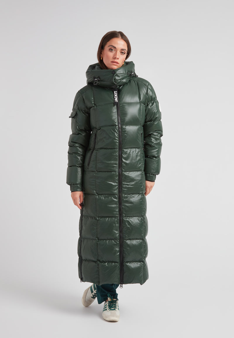 EZ Boxed Ultra Long Down Puffer Coat Lux Emerald on model, showcasing winter attire with modern design.