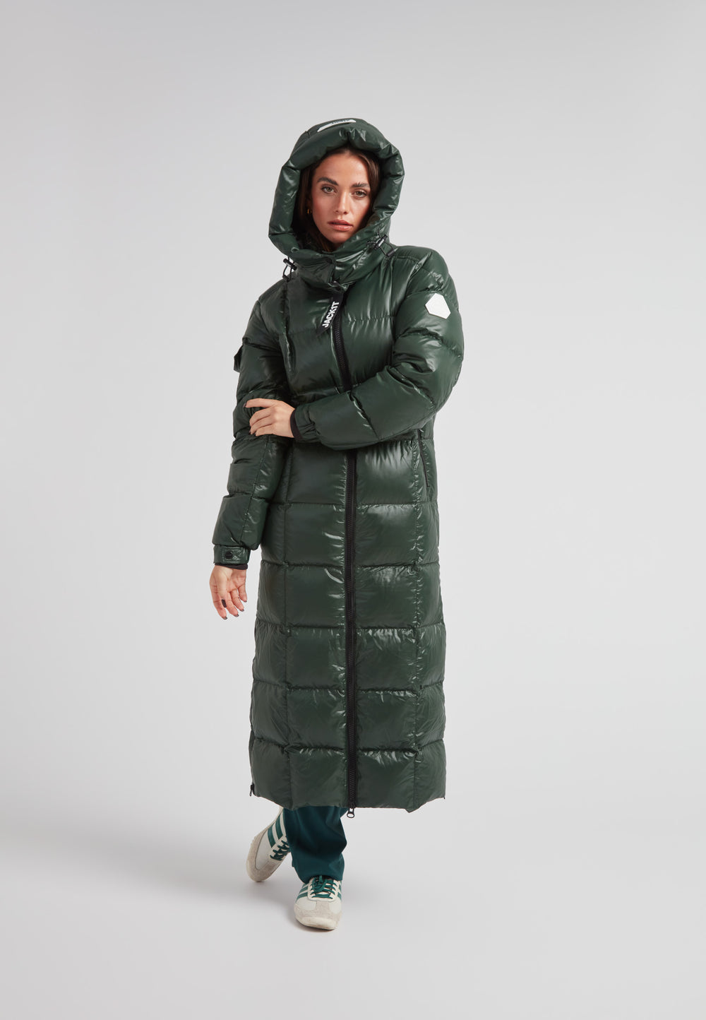 EZ Boxed Ultra Long Down Puffer Coat Lux Emerald displayed on a model for winter fashion.