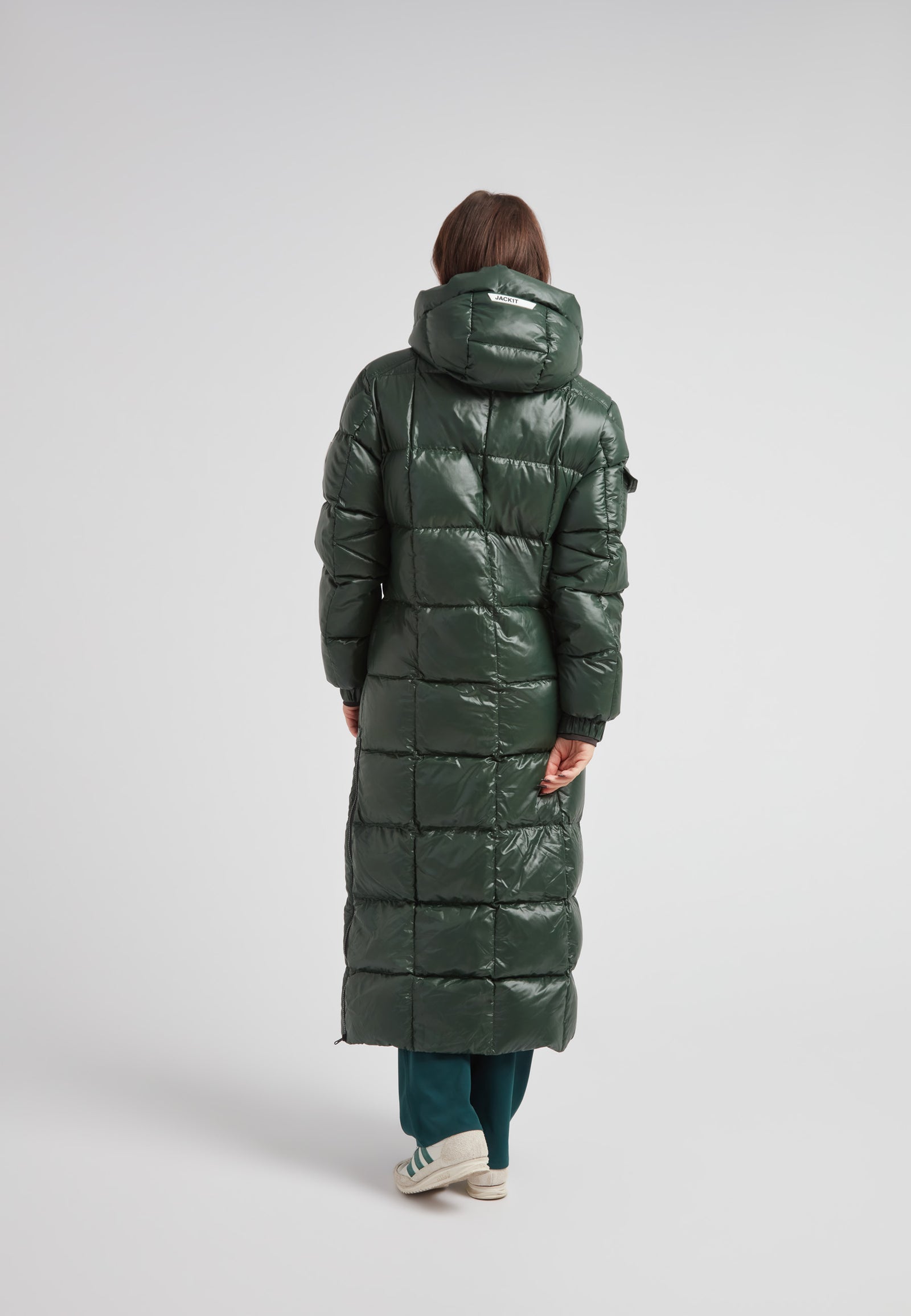 EZ Boxed Ultra Long Down Puffer Coat Lux Emerald showcased from the back, featuring glossy green shell and hood.