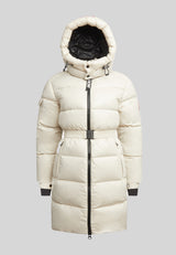 EZ Belted Down Puffer Coat Lux Stone stylish winter coat with insulation and belted design in light stone color.