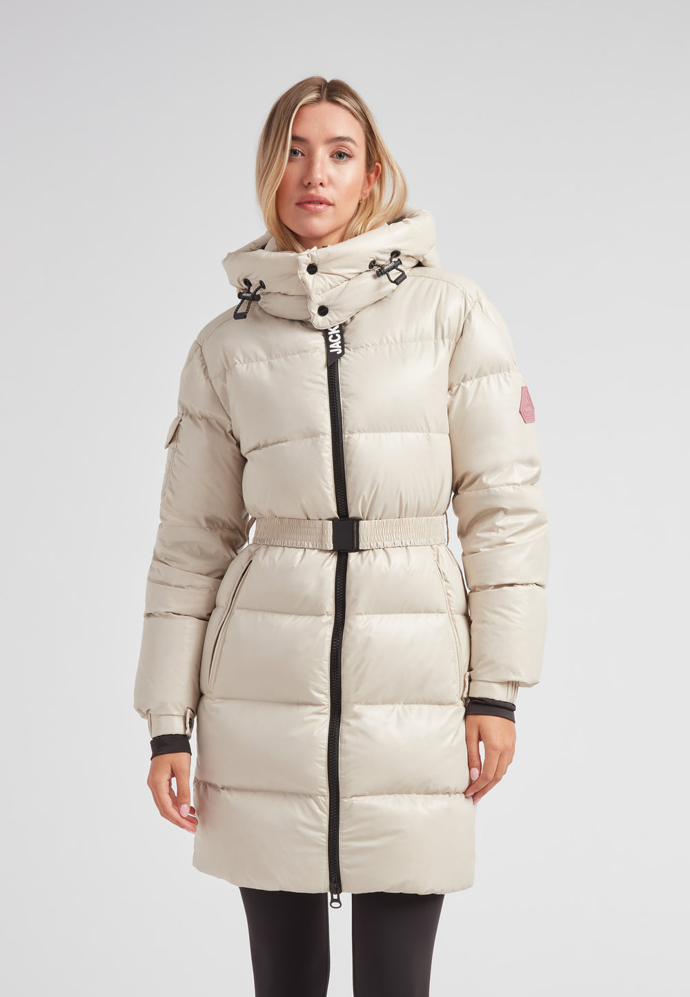 EZ Belted Down Puffer Coat Lux Stone in smooth matt shell, featuring a belted design and functional precision for winter.