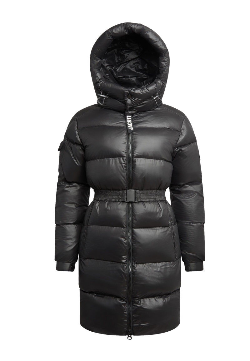 EZ Belted Down Puffer Coat Lux Black flat lay swatch