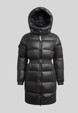 EZ Belted Down Puffer Coat Lux Black featuring a stylish hood and belted design for warmth and comfort.
